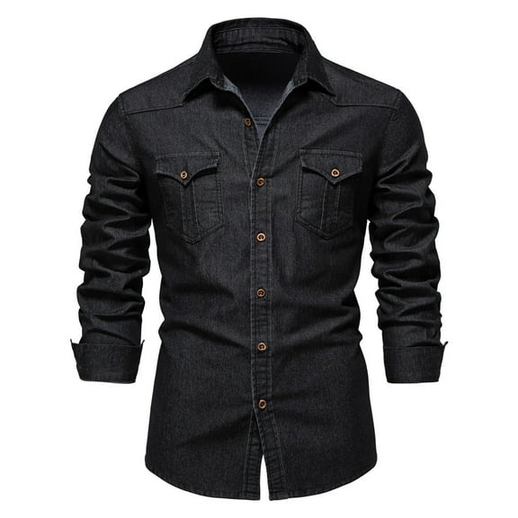 Men's Classic Denim Long Sleeve Shirt Solid Color Casual Button Down Work Shirt with Chest Pocket