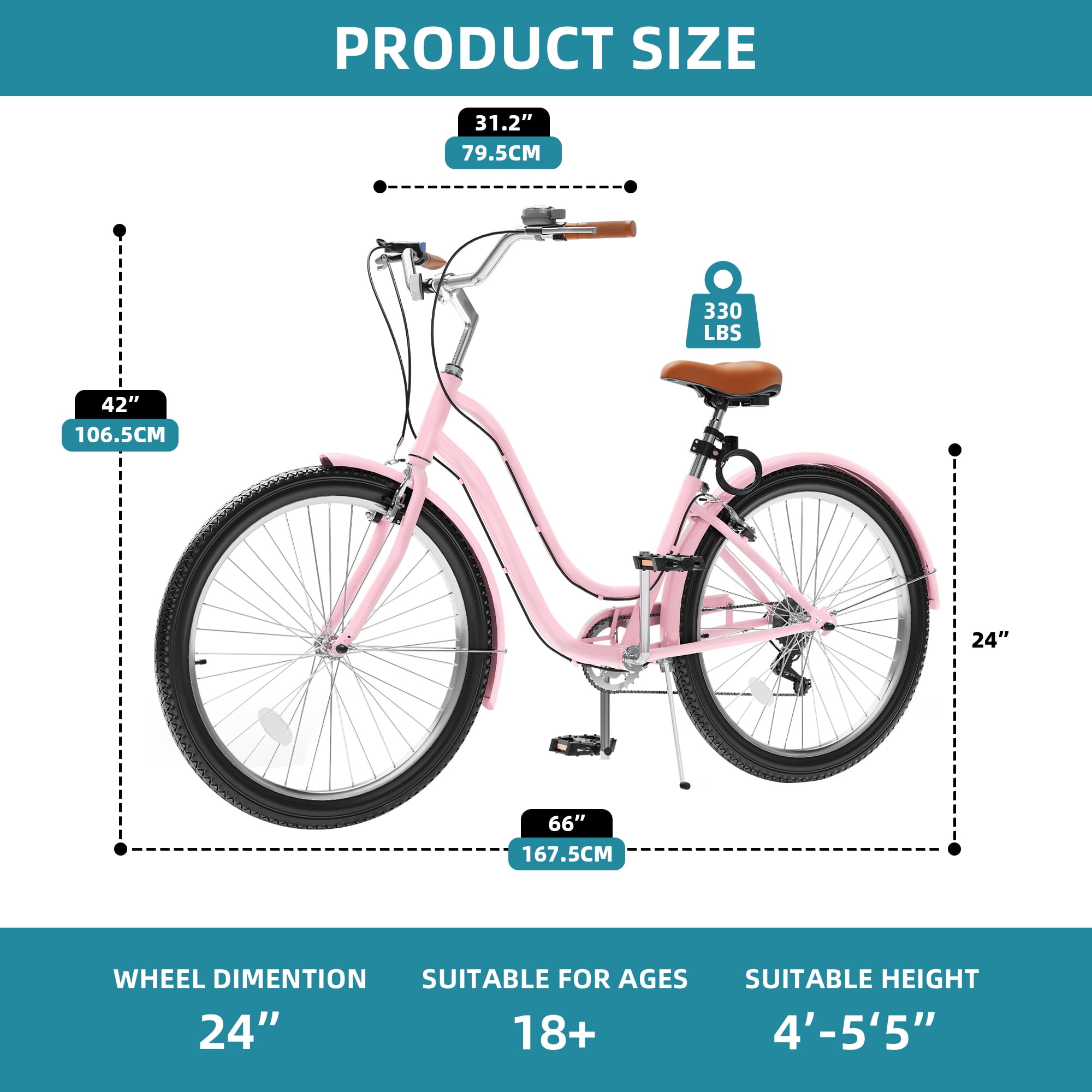 Uforic 24 Inch Beach Cruiser Bike, 7 Speed Commute Bike, Step-Through Bicycle for Adult Women & Men, Steel Frame Cruiser Bike, Pink
