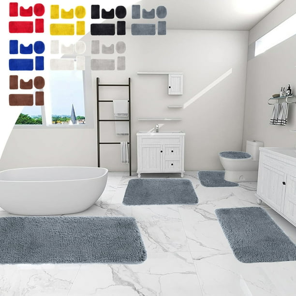 Set de alfombrillas de baño de 5 piezas | Alfombras de baño mullidas de color sólido Terciopelo de terciopelo absorbente de agua antideslizante | Longhair Grueso Suave Lavable a Máquina | Ajuste