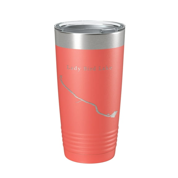 Lady Bird Lake Map Tumbler Travel Mug Insulated Laser Engraved Coffee Cup Austin Texas 20 oz Coral