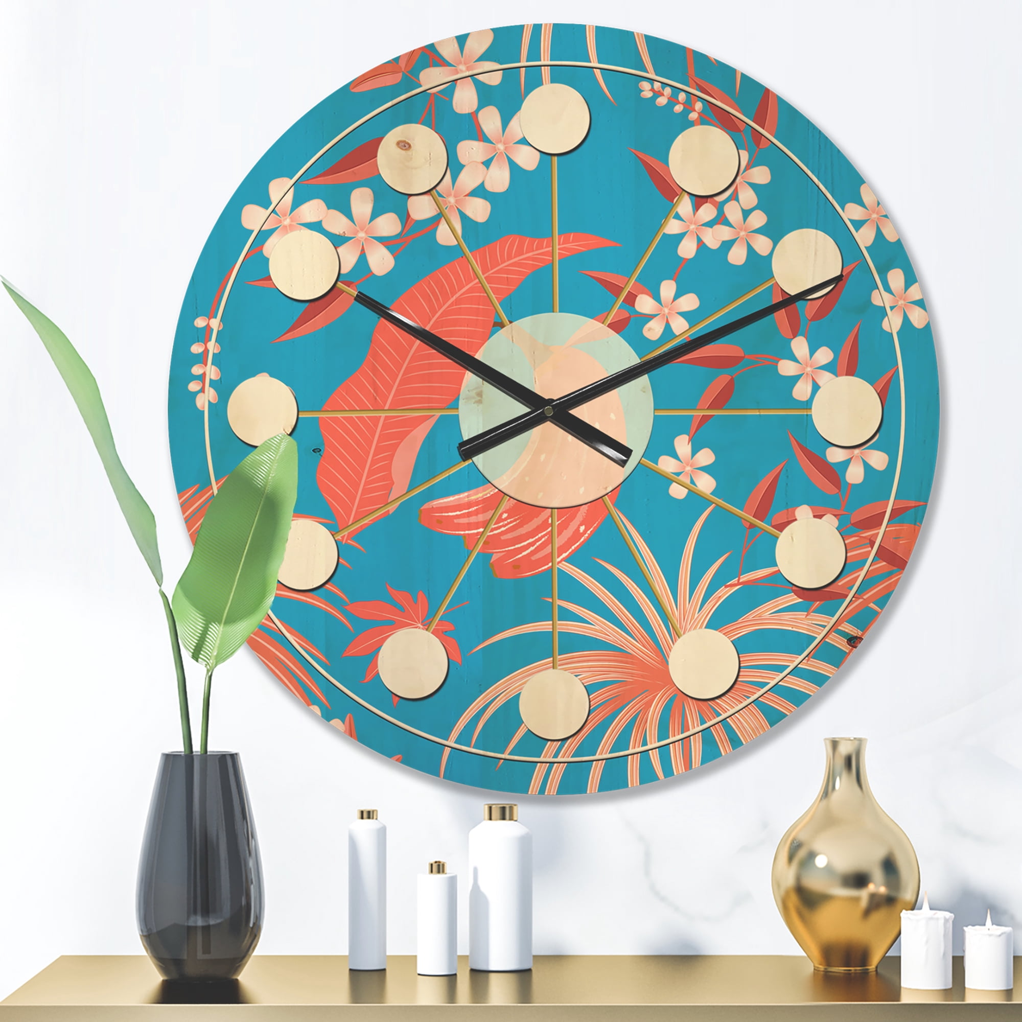 Designart 'Retro Tropical Foliage Coral II' Mid-Century Modern Wood Wall Clock