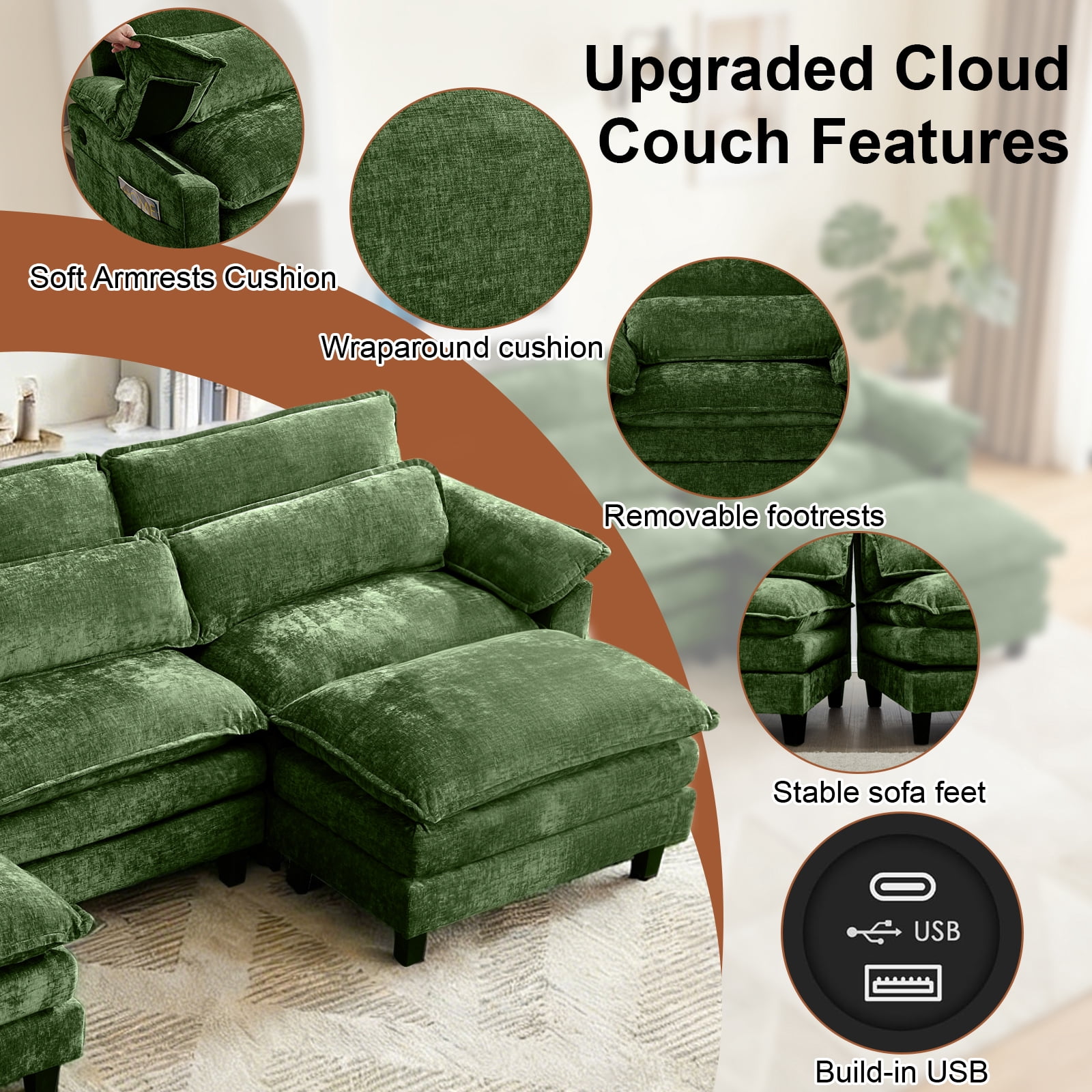 Howcool 113" Modular Sectional Sofa , 3 Seater U-Shaped Cloud Couch with Movable Ottoman, USB Charging Ports & Side Pockets, Sectional couchs for Living Room,Chenille Fabric,Green