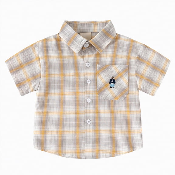 NIEWTR Boys Vibrant Plaid Short Sleeve Button Up Shirt Breathable Summer Tops for Play & Outings(Yellow,5-6 Years)