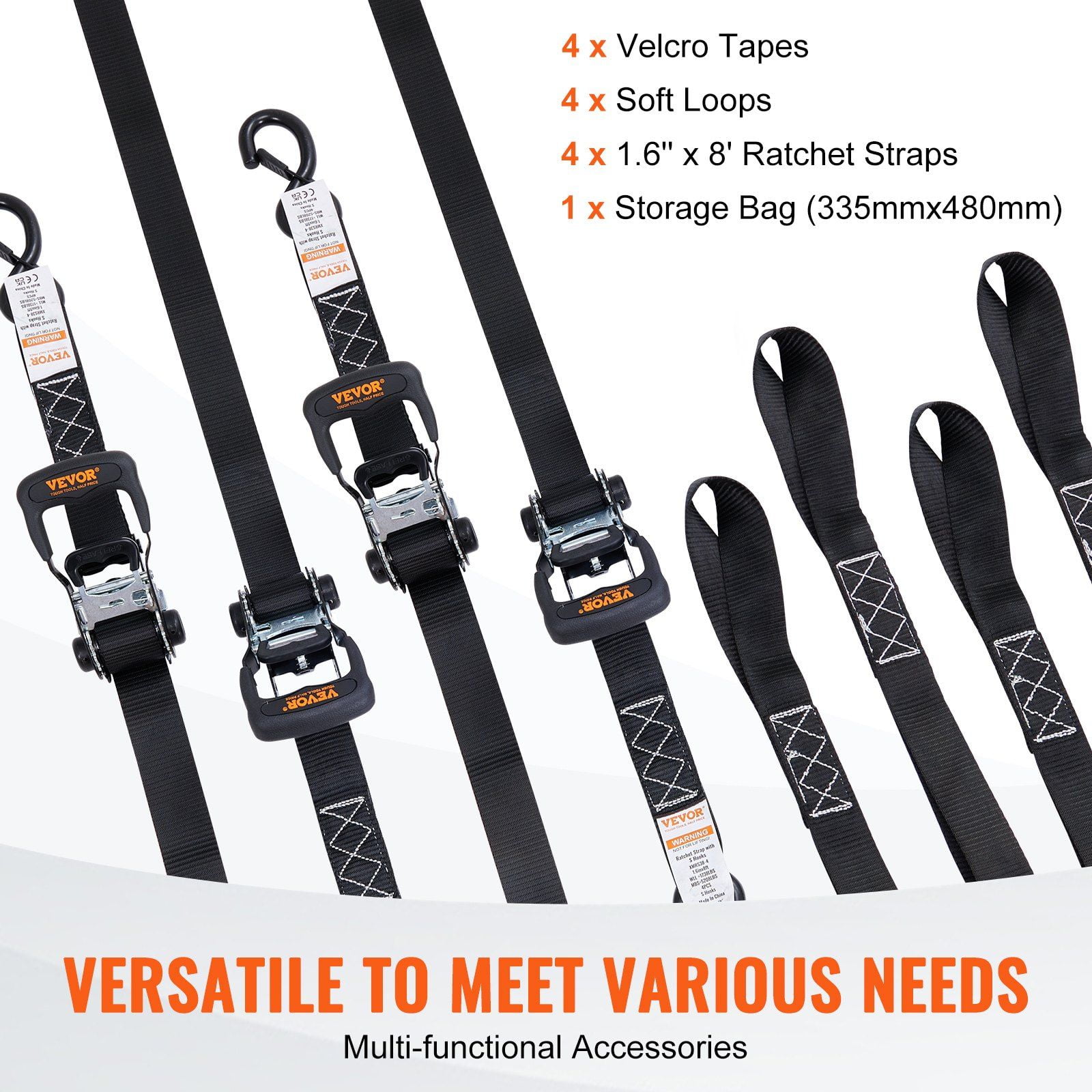 Heavy Duty Ratchet Straps 4PK, 5208lb Break Strength, 1.6" x 8FT for Securing Appliances, Lawn Equipment, Cargo