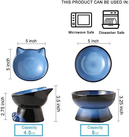 Elevated Cat/Dog Bowls Set : 5 Inch Ceramic Raised Cat Food and Water Bowl Set for Protecting Pet's Spine - Feeding & Watering Supplies for Pets- Elegant Blue & Black (2PC)