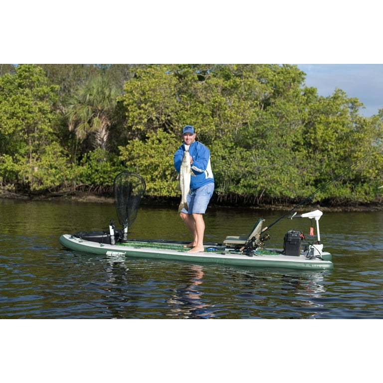 Sea Eagle FS126 12'6” Inflatable FishSUP Fishing Stand-Up Paddleboard  w/Paddle(s), Storage Box, Pump, Removable Transom, Backpack/Optional Seat -  Sit, Stand, Fish, Motor, or Troll- Fishing Rig Package 