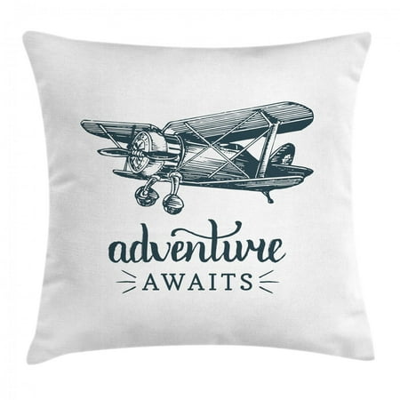 Adventure Awaits Throw Pillow Cushion Cover, Vintage Airplane with Inspirational Typography Aviation Theme, Decorative Square Accent Pillow Case, 16 X 16 Inches, Dark Petrol Blue White, by