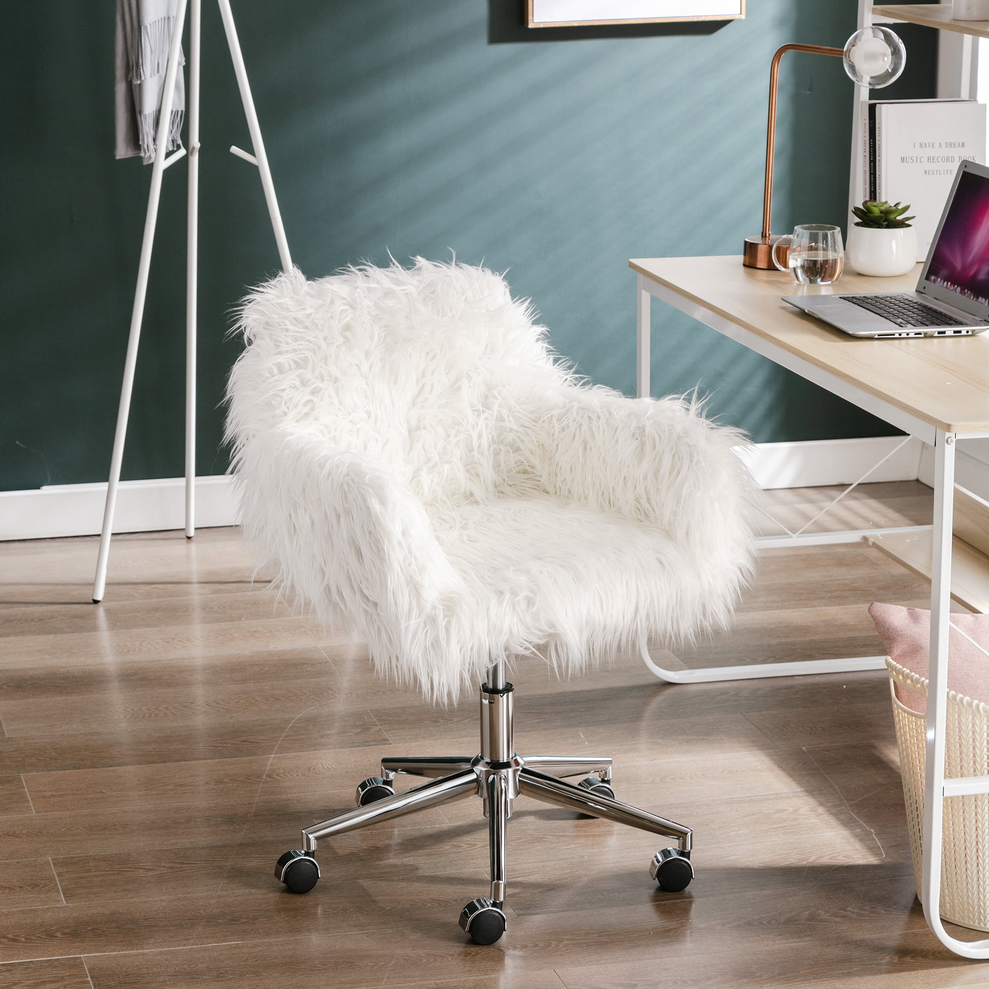 Dolls House White Computer Desk & Blue Swivel Chair Modern Office Furniture Set 