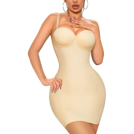 

Loday Full Slip Shapewear for Women Under Dresses Strapless Body Shaper Smooth Tummy Control Slips Built In Bra Lingerie(Beige 2XL)
