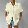 thumbnail image 2 of RYRJJ Women's Button Down Shirts Summer Plus Size Short Sleeve V-Neck Collared Shirt Dressy Casual Pleated Work Blouse Top with Pocket Beige XL, 2 of 6
