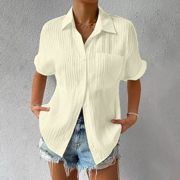 ICHUANYI Clearance Women's Color Short Sleeved Loose Fitting Shirt Button V-neck Color Shirt Tops(Yellow, XXL) ICHUANYI WER2023080900752