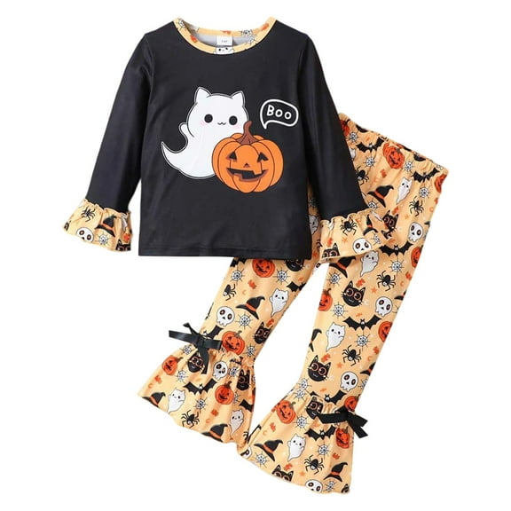 Kids Halloween Outfits Girls Loose Fit Long Sleeve Cartoon Pumpkin Print Tops Flare Pants Clothing Sets Soft Comfy 2 Piece Fall Winter Clothes