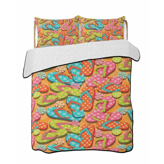 Quilts Full Size Bedding Set, Watercolor Flip Flop Lightweight Quilted Comforter, Summer Coastal Beach Slippers Soft Reversible Bedspread Coverlet with Pillow Covers for All Season, 78" x 90"