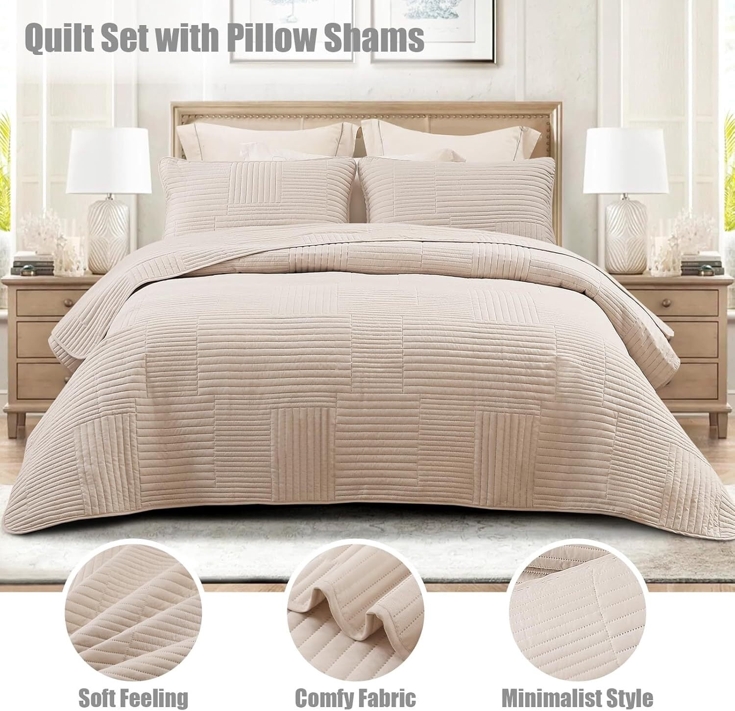 Whale Flotilla Queen Quilt Set, Soft and Lightweight Bedspreads Coverlet with Striped Pattern, Reversible Bedding Sets with Pillow Shams, 90x96 Inches, Brich Beige