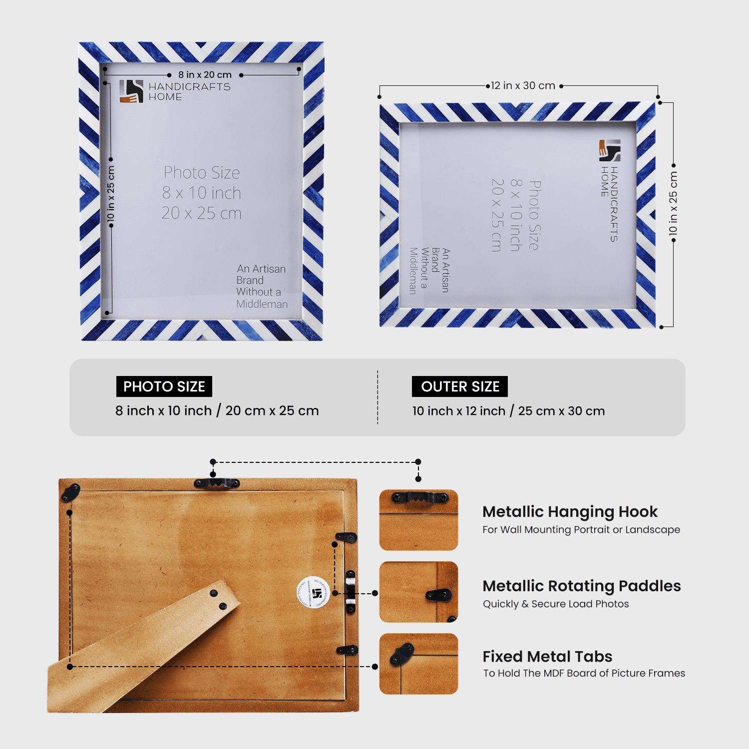 Handicrafts Home 8x10 Picture Frame, Blue Chevron Bone Inlay Photo Frame, Wall or Tabletop Picture Frame for Home Wall Decor