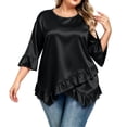 thumbnail image 2 of Lmueinov Womens Satin Summer Tops Plus Size 3/4 Length Sleeve Ruffle Hem Shirts Crew Neck Solid Flowy Casual Trendy Fall Going Out Tops for Women S-5XL, 2 of 4