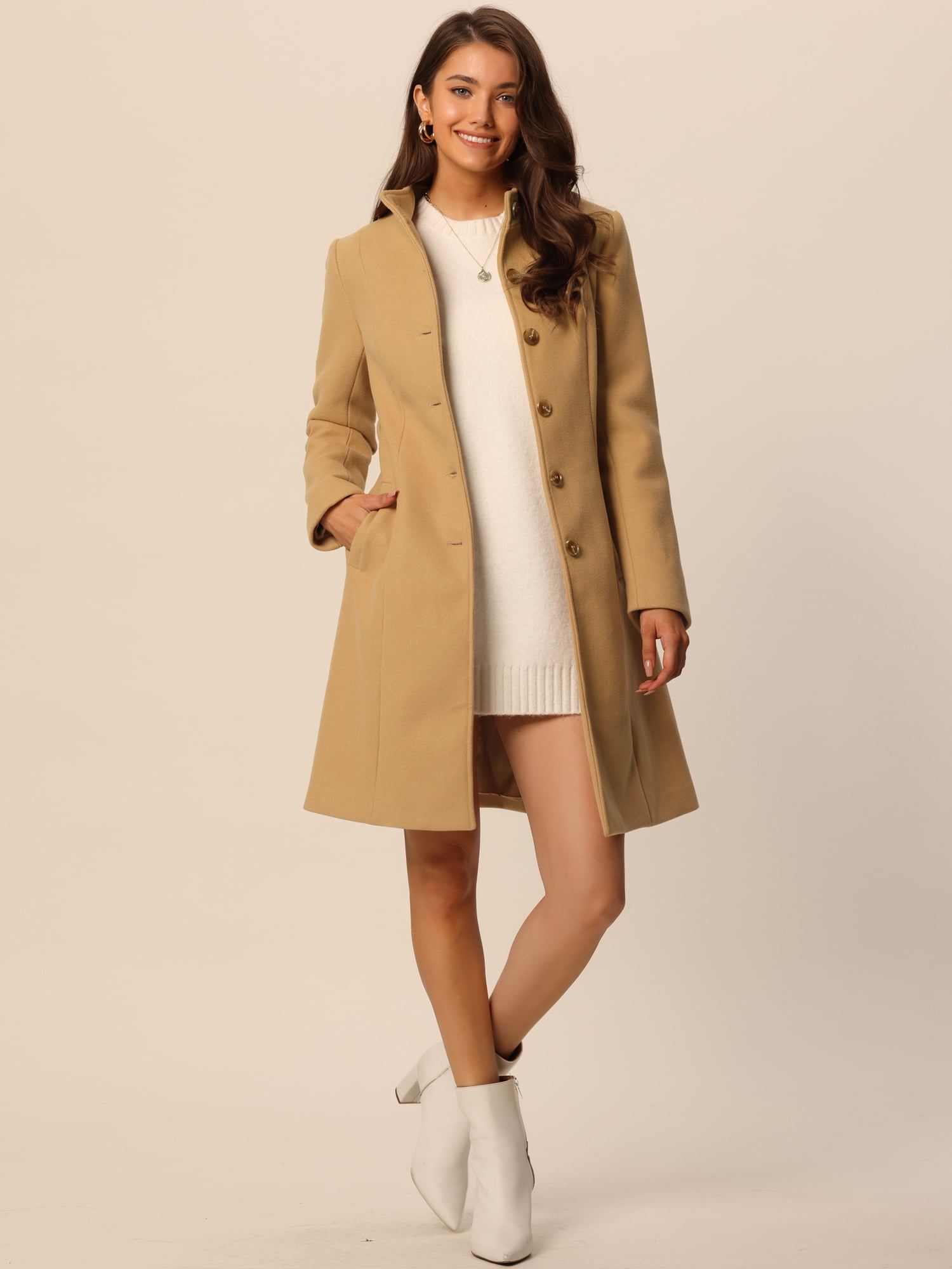 Elegant Women's Midi Peacoat with Pockets and Belt for Winter Fashion XL Khaki