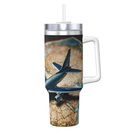 

Gaeub Airplane World Map Adventure Print Stainless Steel Hot/Cold Coffee Cup 40oz Ice Bully Cup With Handle And Straw Travel Coffee Cup