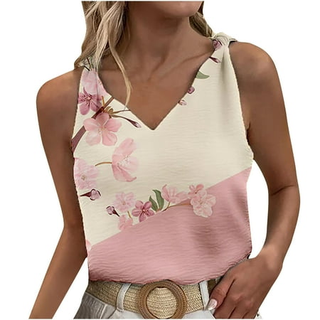 

SIMQOing Women s Beach Blouses Summer Sleeveless V Neck Tank Tops Loose Casual Floral Print Vest Tshirt
