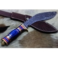 thumbnail image 5 of 15 Inches Long Hand Forged triple layered Damascus Steel Kukri Knife, 10" Long Blade, Custom Made Hand Crafted Scale with Engraved Brass & 2 tone blue wood, Includes Cow Hide Leather Sheath, 5 of 6