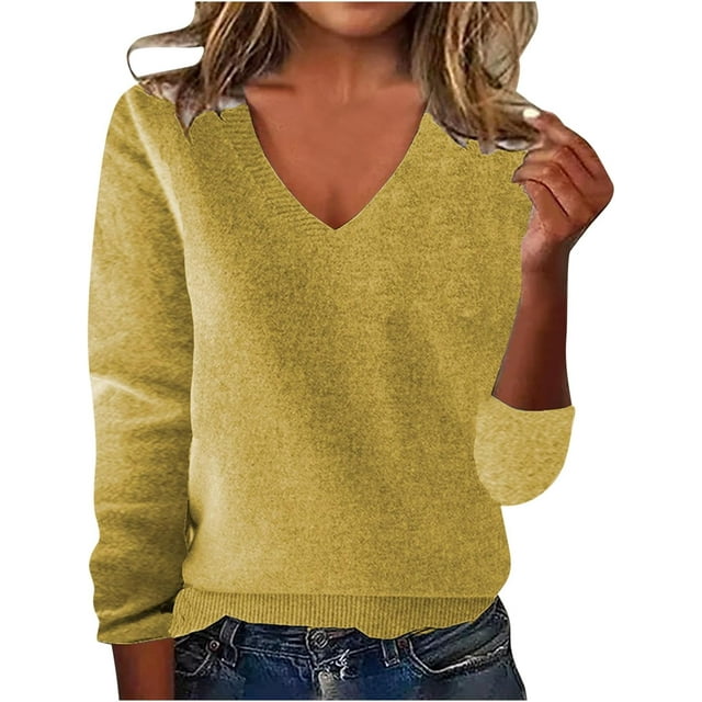 Women's Cashmere Sweaters Trendy Merino Wool V Neck Sweater Long Sleeve Pullover Tops Wool Knitted Sweaters