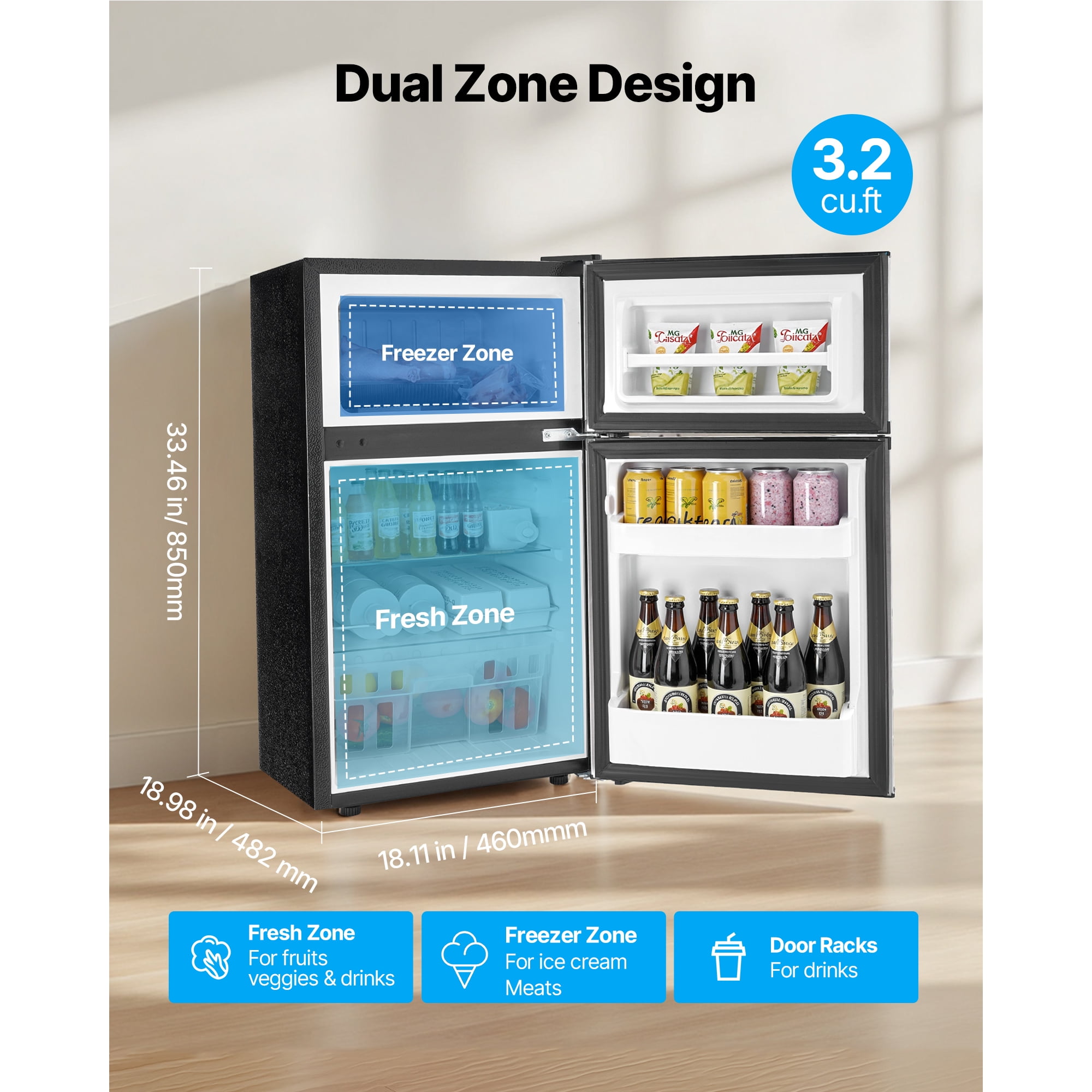 KFFKFF Compact Mini Fridge with Freezer, 3.2 Cu.Ft, Dual Door Refrigerator, Adjustable Temperature Control, Energy-Saving Design, Reversible Door, Quiet Operation, Ideal for Bedroom, Dorm, Office
