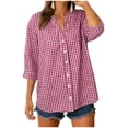 thumbnail image 5 of felwors Cotton 3/4 Sleeve Button Down Shirts for Women Gingham Plaid Striped Tops V Neck Casual Loose Blouse (Wine, S), 5 of 7