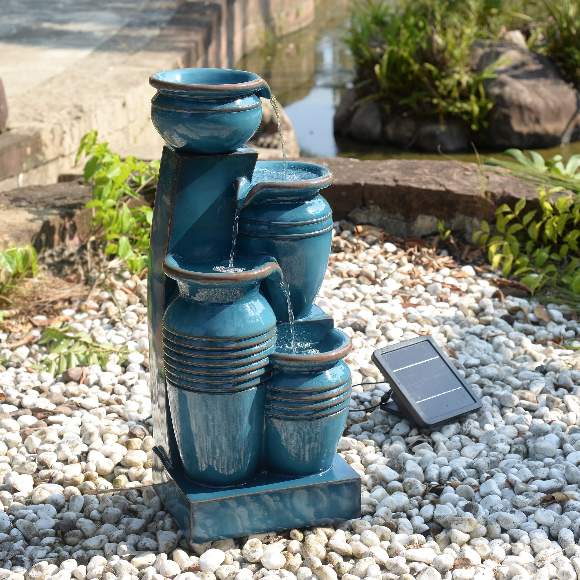 Teamson Home Outdoor 4-Tier Cascading Bowl Solar Water Fountain with LED Lights, Blue