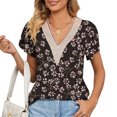 thumbnail image 1 of Blusa estampada de encaje de guipur Blusa de guipur de manga corta con pétalos y escote en V para mujer que sale con flor de cerezo M, 1 of 6