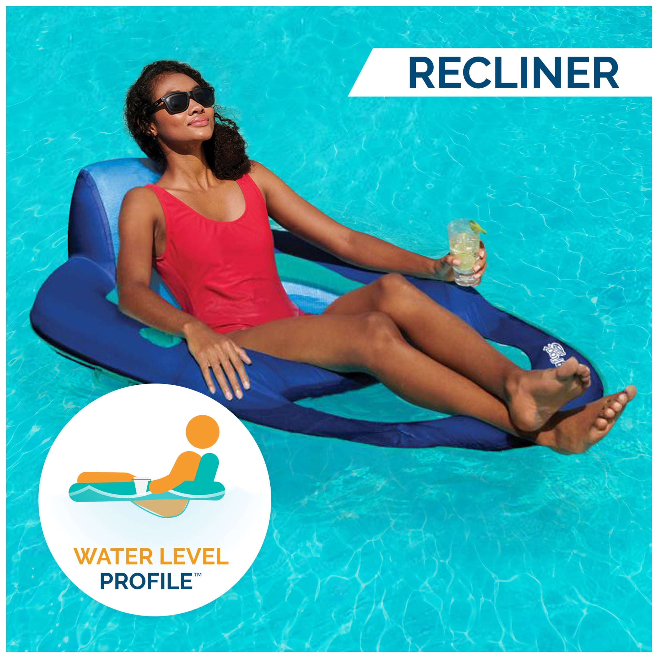 SwimWays Spring Float Recliner Chair for Swimming Pool, Inflatable Pool Floats Adult with Fast Inflation, Cup Holder & Foot Rest for Ages 15 & Up, Blue