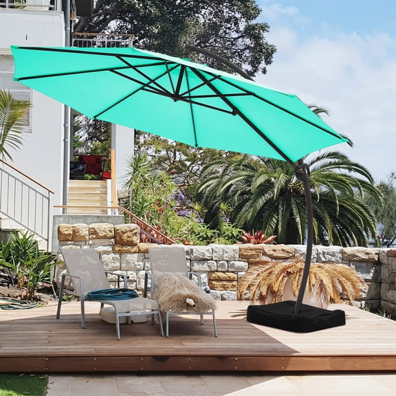FUNDAZE 10ft Market Patio Umbrella with Base, Curved Cantilever Hanging Sun Shade with Crank & Tilt for Garden, Deck, Poolside,Turquoise