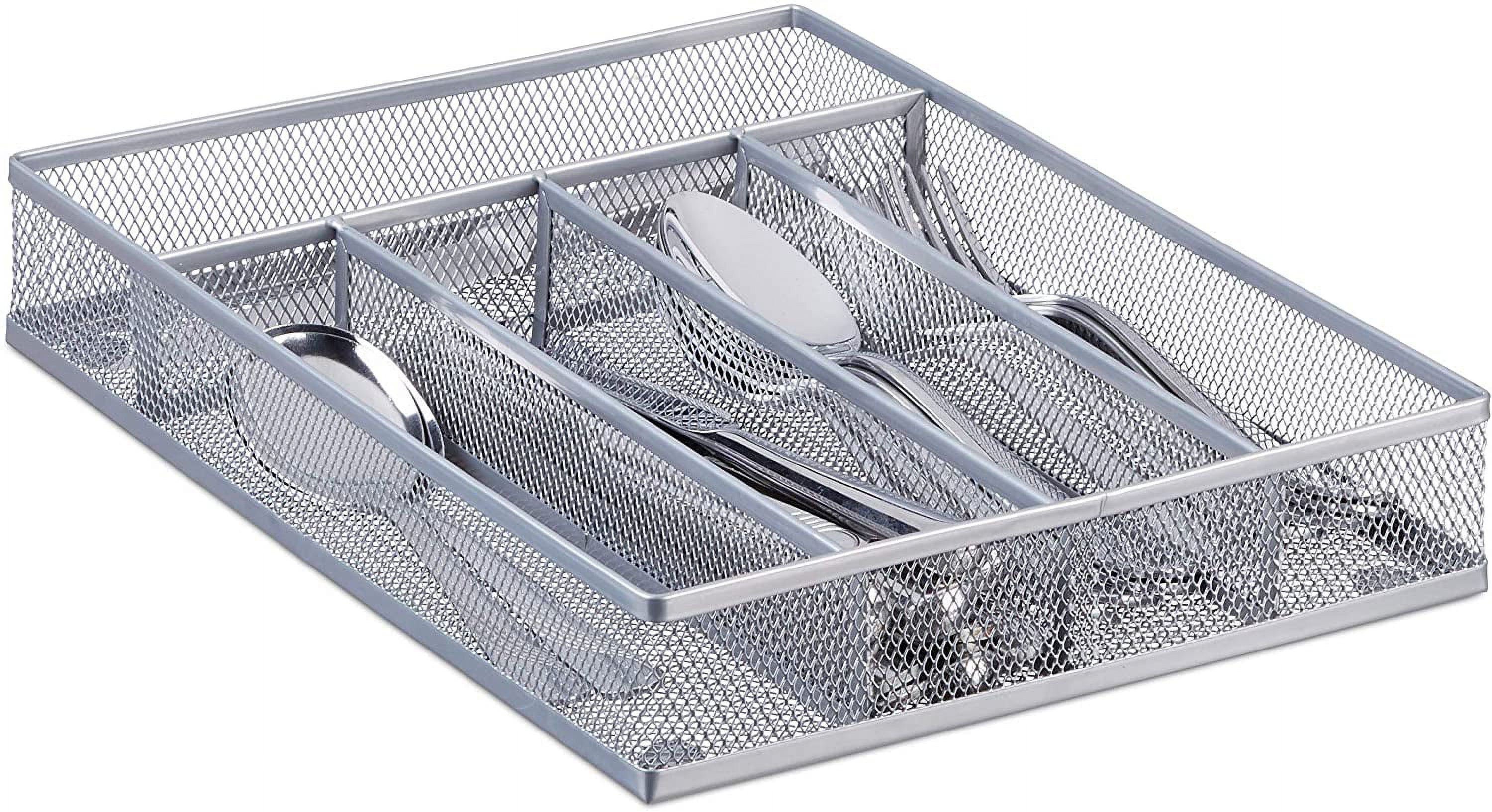 TuseyRxln Drawer Organizer, Cutlery Tray Silverware Flatware Storage Divider for Kitchen, Mesh Wire with Non slip Foam Feet, 5 Component