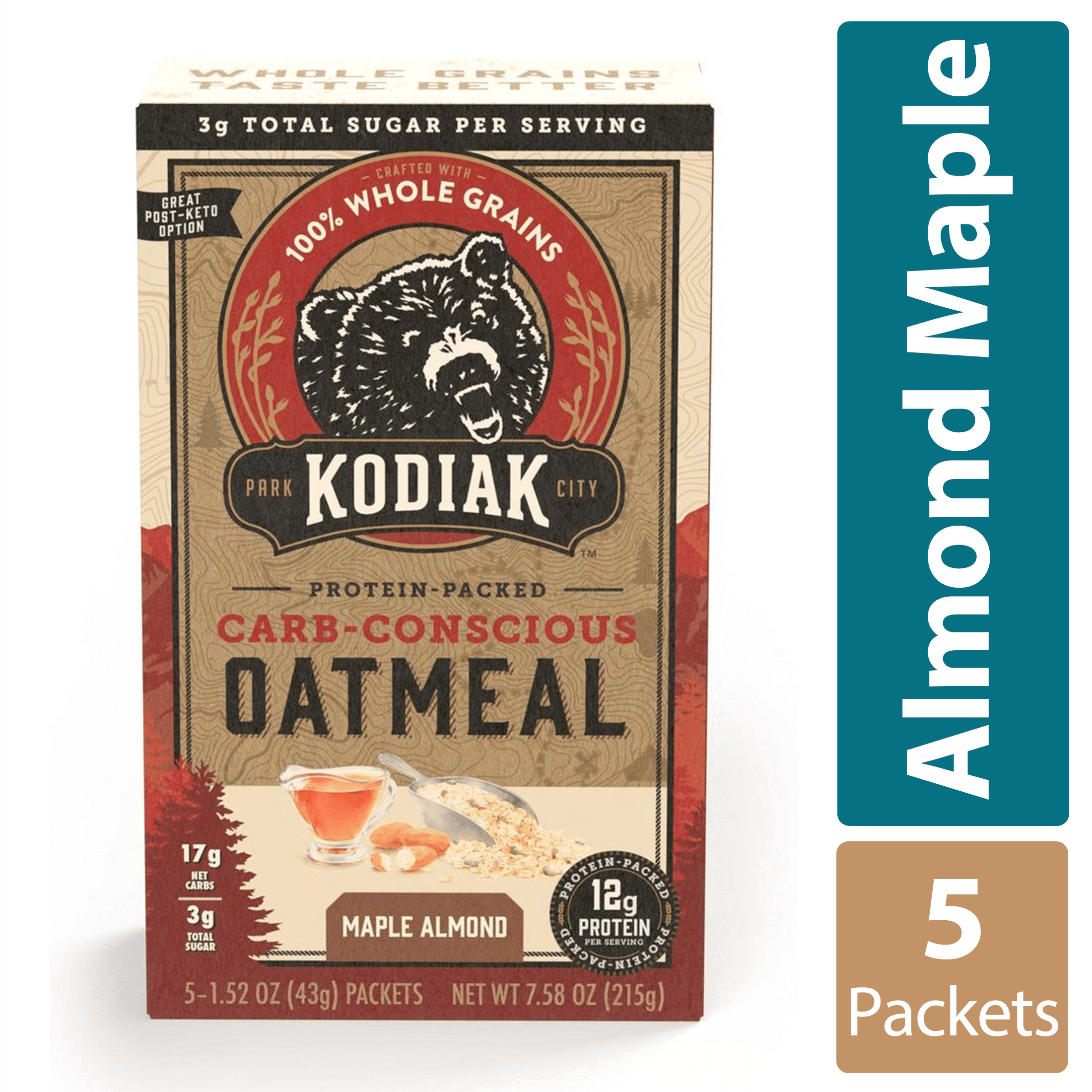 Kodiak Protein-Packed Carb-Conscious Maple Almond Instant Oatmeal, 1.52 oz, 5 Packets