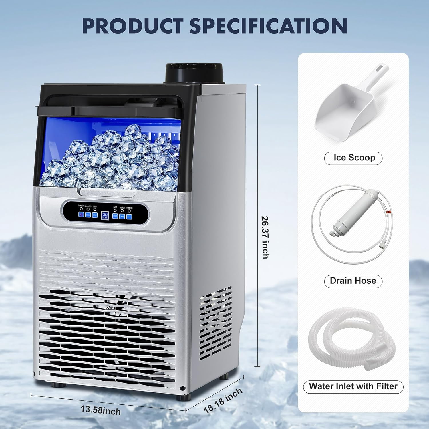 Zomagas Ice Maker Machine 90 LBS/24H ,Tap or Barrelged Water 28LBS Capacity Storage Bin for Restaurant Home