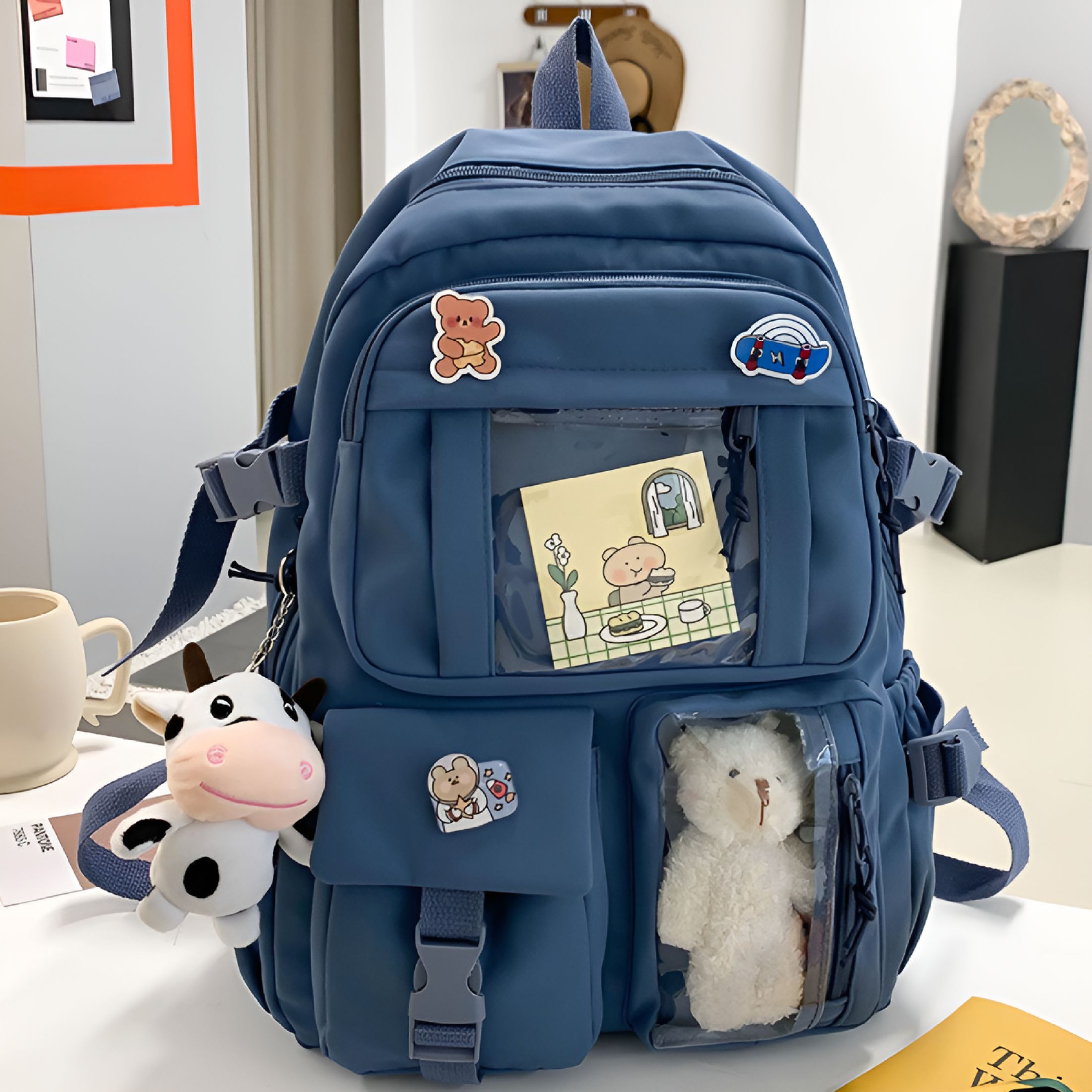 GASTROPOD 2026 New Kawaii Cute Bear Backpack with Cow Pendant & Pins - Back to School Supplies Student Animal Japanese Anime Bag Daypack for School, Travel, Outing, Casual Use