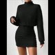 thumbnail image 5 of Vestido Tipo Jersey de Larga con Cuello Alto, Rayas, Ajustado, para Mujer, Otoño e Invierno, Falda Corta Negro S, 5 of 10