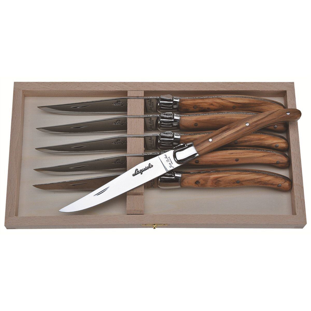 Jean Dubost 6 Steak Knives in Leather Pouch Olive Wood