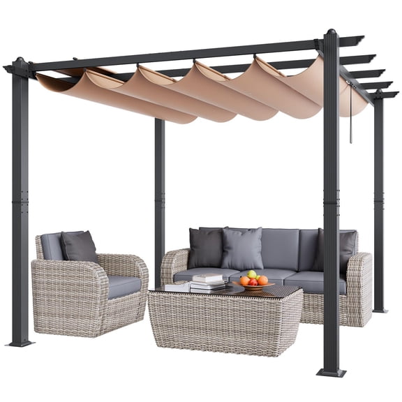 10x10 Outdoor Retractable Pergola with Sun Shade Canopy Aluminum Frame for Patio Garden Deck Backyard Beige