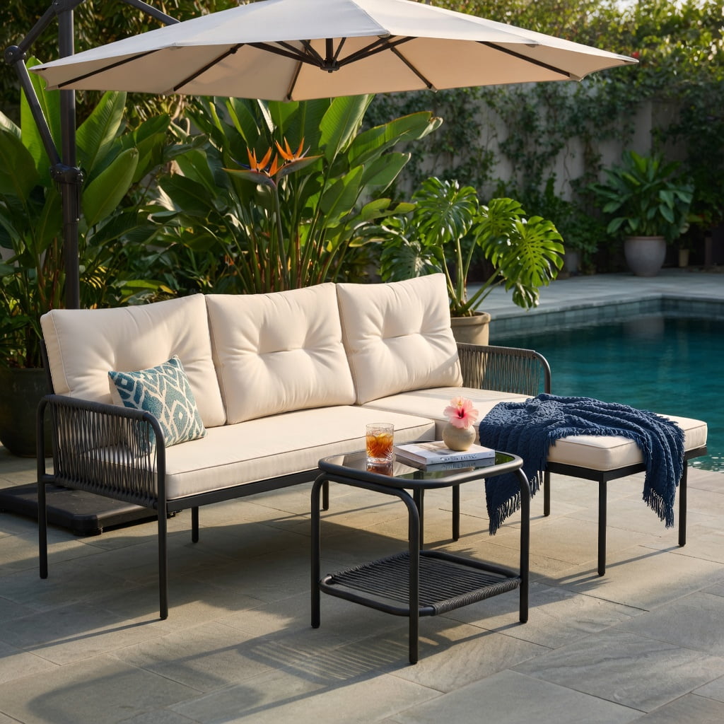 Hommoo 3-Piece L-Shaped Patio Furniture Set, PE Rattan Sectional Sofa with Beige Cushions, Tempered Glass Coffee Table, Outdoor Lounge Set for Deck, Balcony & Poolside, Beige