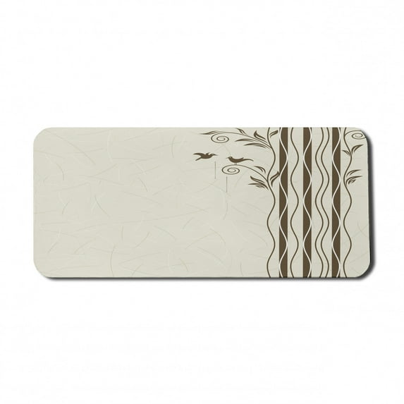 Nature Computer Mouse Pad, Abstract Wavy Swirled Tree Branches with Leaves and Little Birds Illustration, Rectangle Non-Slip Rubber Mousepad X-Large, 35" x 15", Eggshell Brown, by Ambesonne