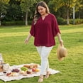 thumbnail image 3 of Agnes Orinda Women's Plus Size Chiffon Tops Notch V Neck 3/4 Tulip Sleeve Pleated Front Dressy Casual Summer Blouses 1X Burgundy, 3 of 8