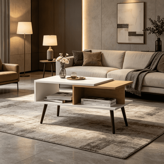 Scratch-Resistant White Oak Coffee Table with Conical Wooden Legs