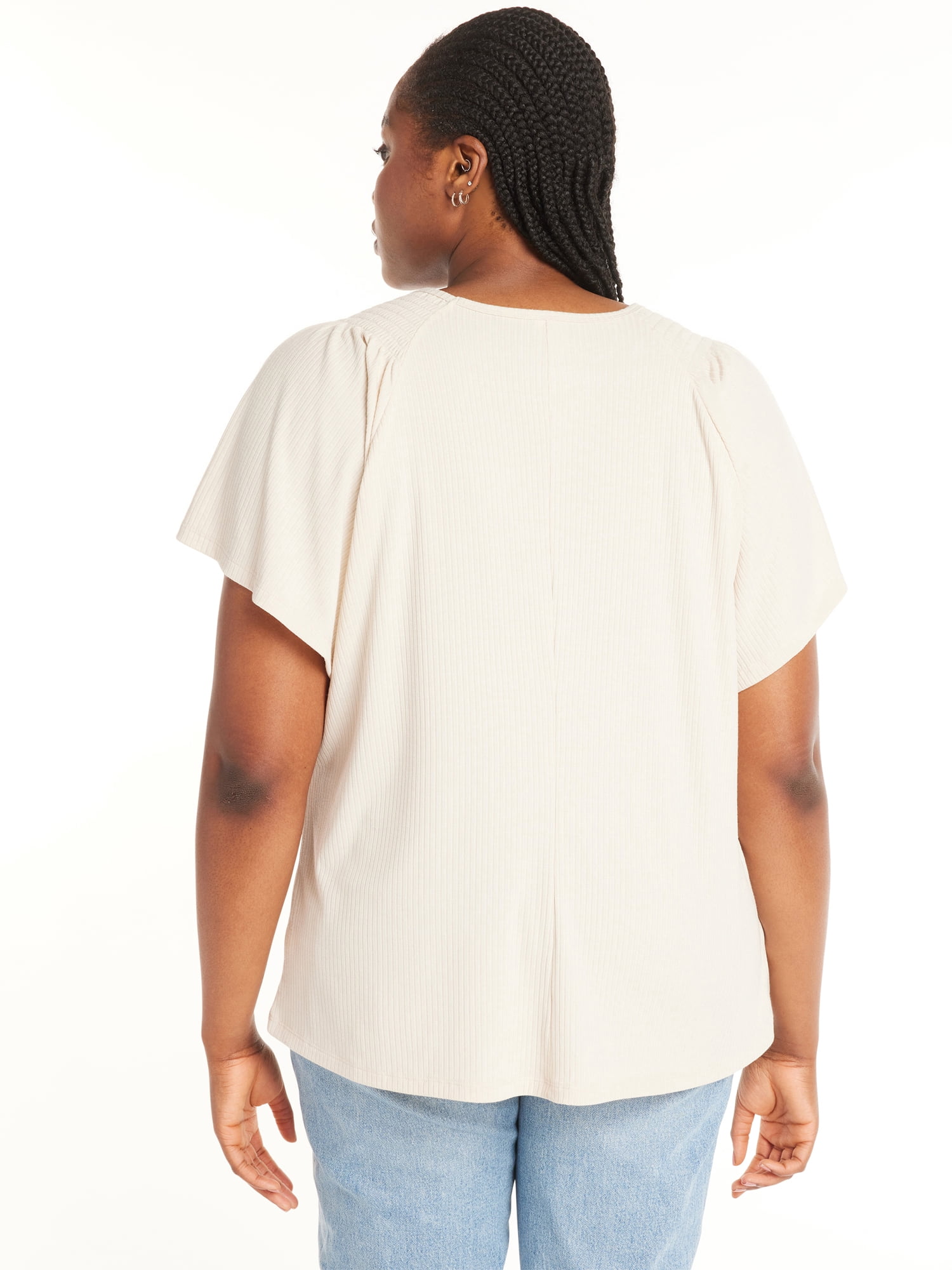 Terra & Sky Women's Plus Size Ribbed Flutter Sleeve Top, Sizes 0X-5X