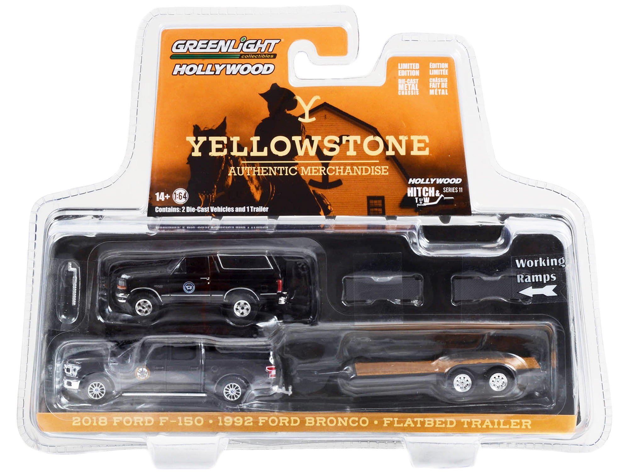 2018 Ford F-150 Truck Gray w/1992 Bronco Black and Trailer "Yellowstone" (2018-Current) TV 1/64 Diecast Model Cars by Greenlight