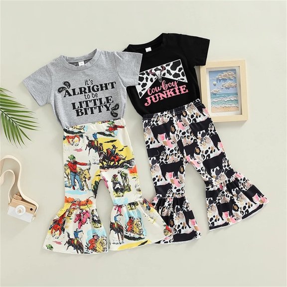 Letter Print Short Sleeve Top and Cow Pattern Flare Pants 2-Piece Western Style Summer Outfits Set for Girls 1-5Y