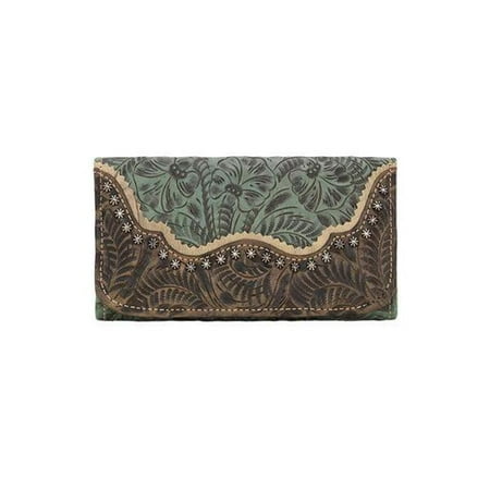 American West 2678282 Ladies Tri-Fold Wallets, Turquoise, Distressed Charcoal Brown & Sand