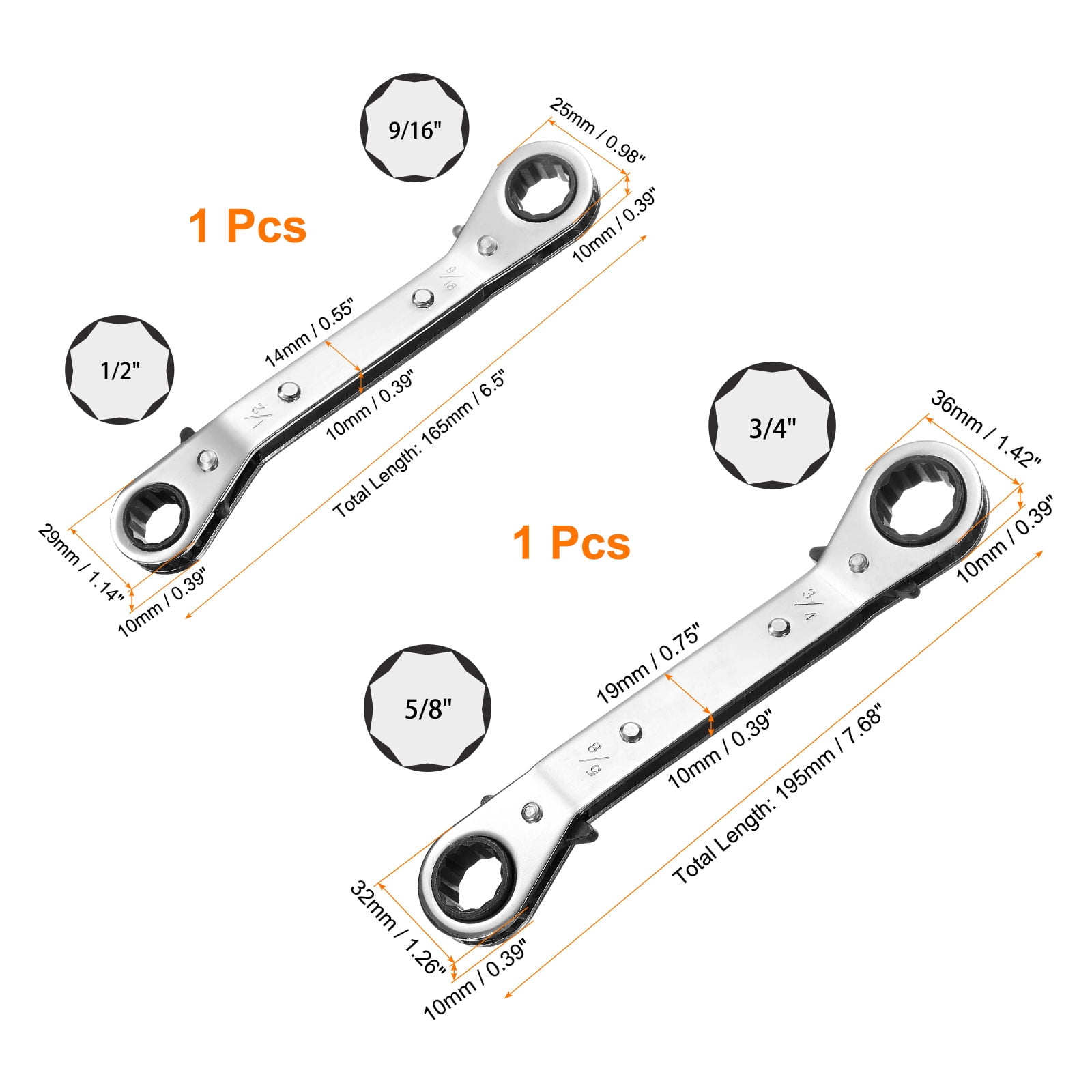Uxcell 2pcs 1/2" 9/16" 3/4" 5/8" SAE 25 Degrees Double Head HVAC Service Wrench