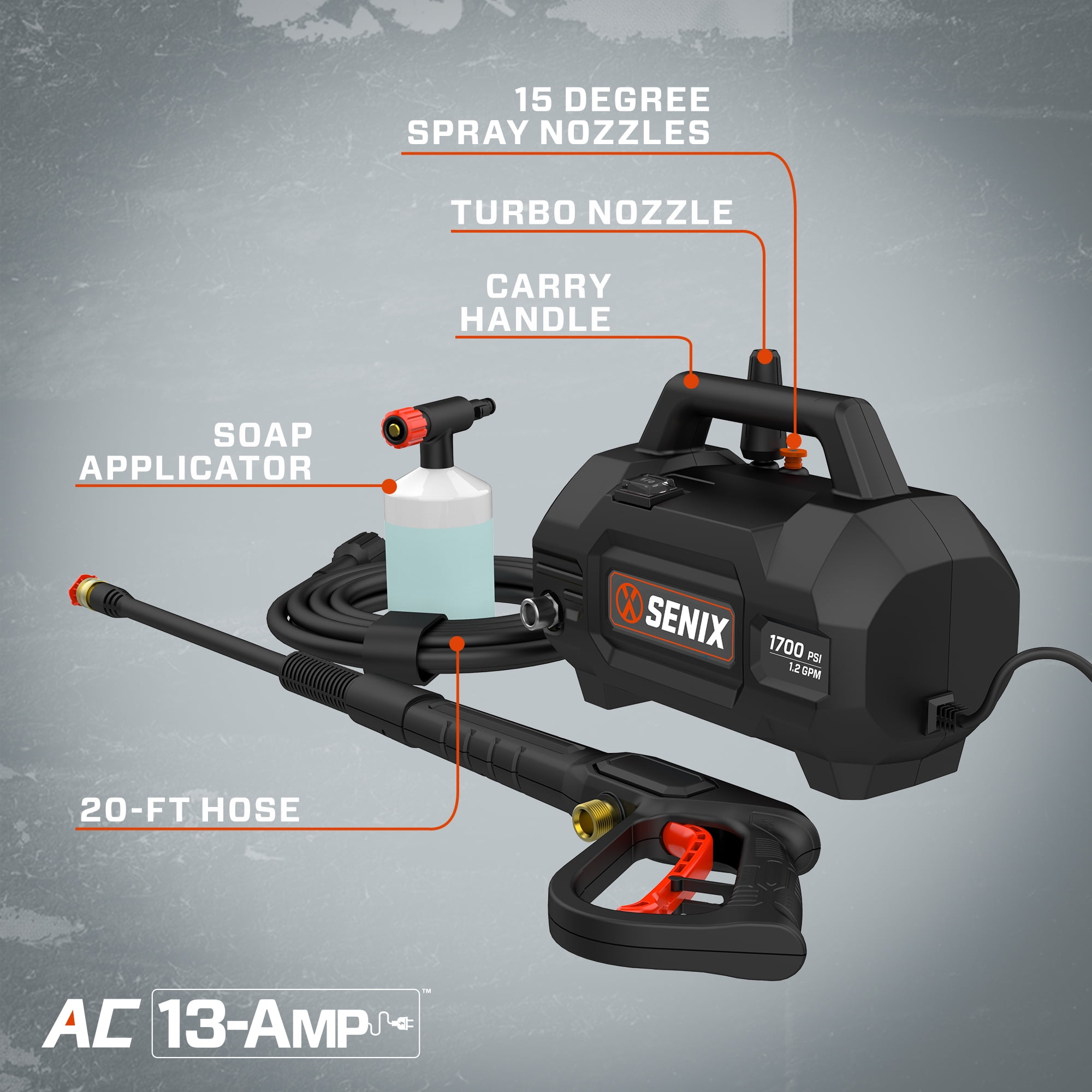Senix 1700 PSI 1.2 GPM 13 Amp Electric Pressure Washer with Turbo Nozzle and Foam Cannon, Model HPWE13-L
