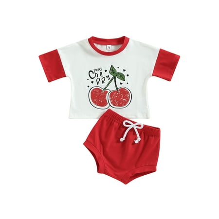

Casual Newborn Baby Girl Summer Fruit Letter Print Short Sleeve T-shirt Tops + Solid Color Shorts 2pcs Clothes Set