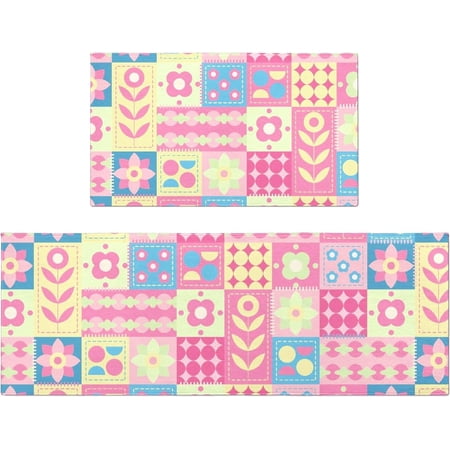 Colorful Cute Pink Kitchen Mats for Floor Set of 2  Geometry Yellow Floor Mat Carpet Runner Area Rug Washable Pink Home Kitchen Decor and Accessories Stuff 17x30 and 17x47 Inch